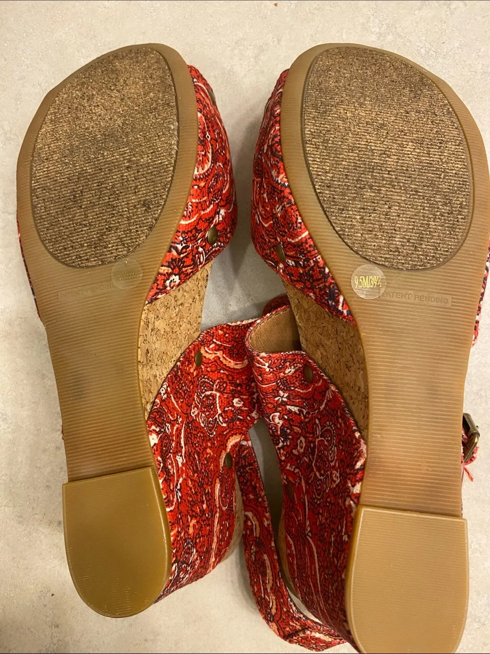 Lucky Brand Red Paisley Cork Wedge Sandals